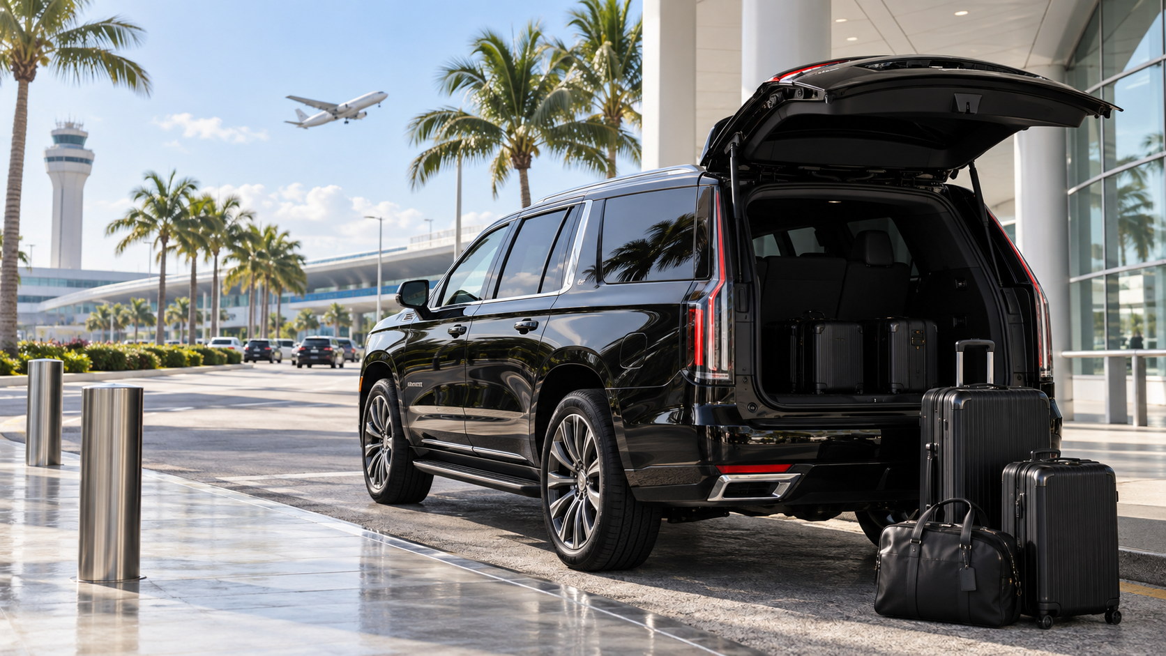 Private airport transfer vehicle with luggage in Miami